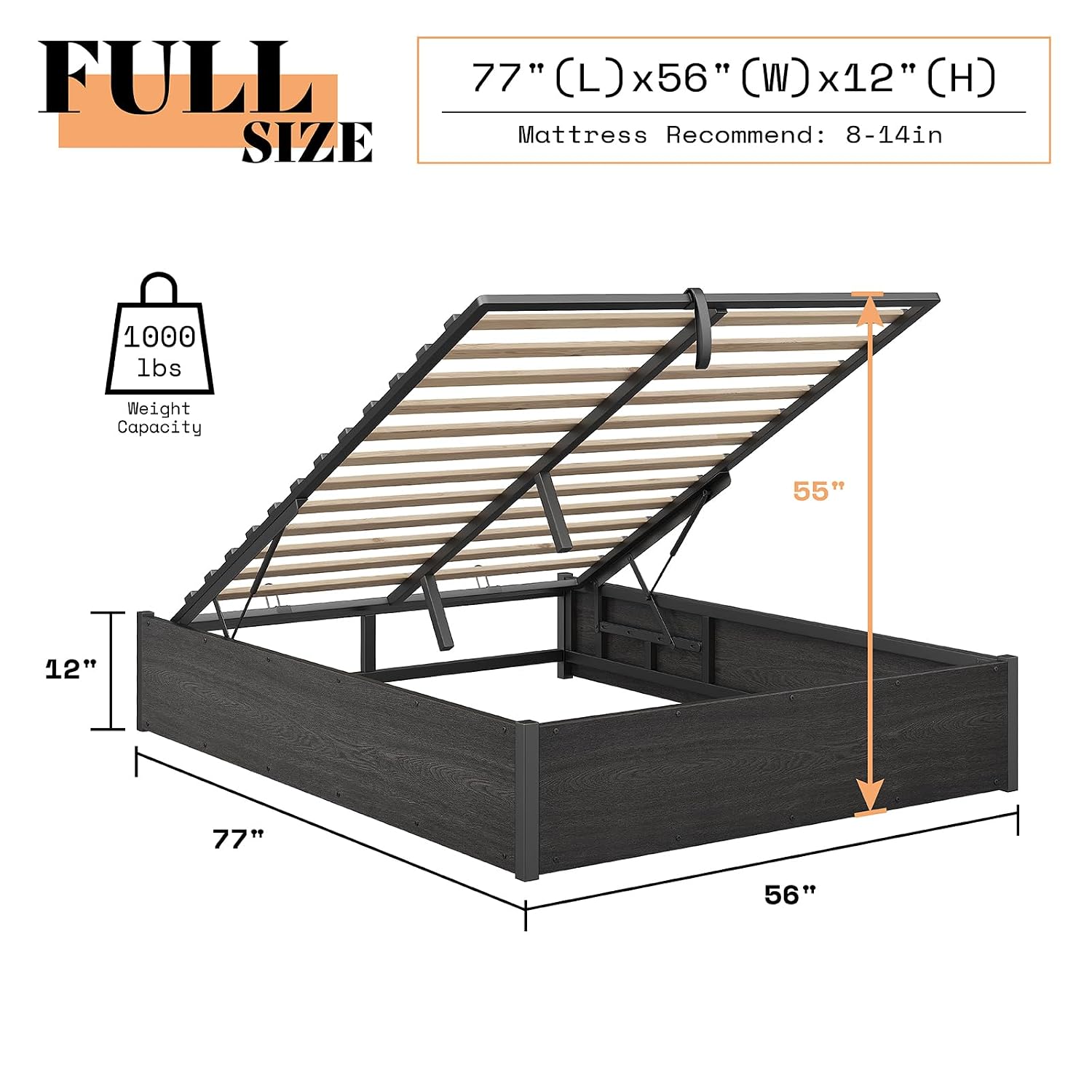 Lift Up Storage Bed Frame, Dar - Gas Lift Storage Bed Hydraulic recension och pris