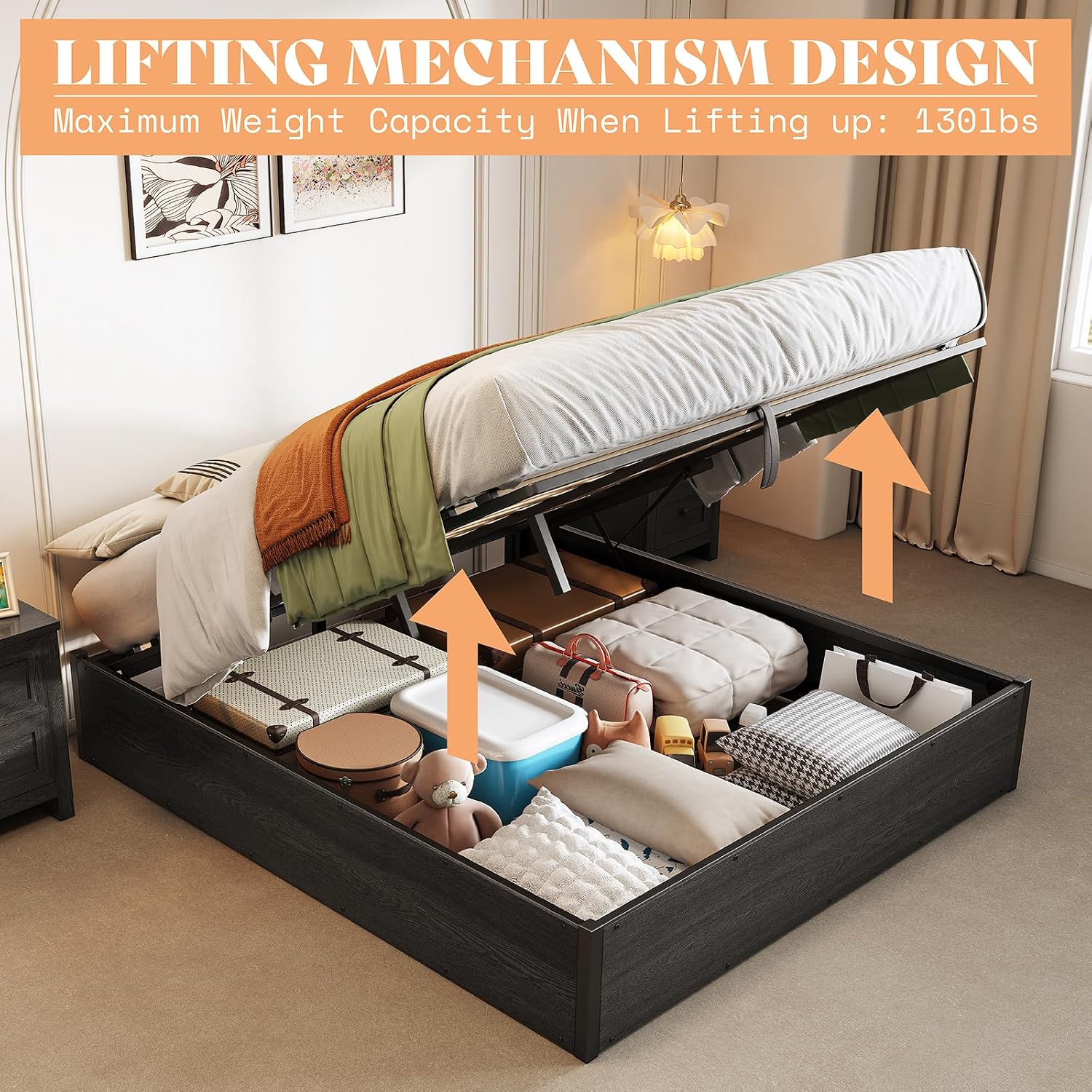 Lift Up Storage Bed Frame, Dar - Gas Lift Storage Bed Hydraulic recension och pris
