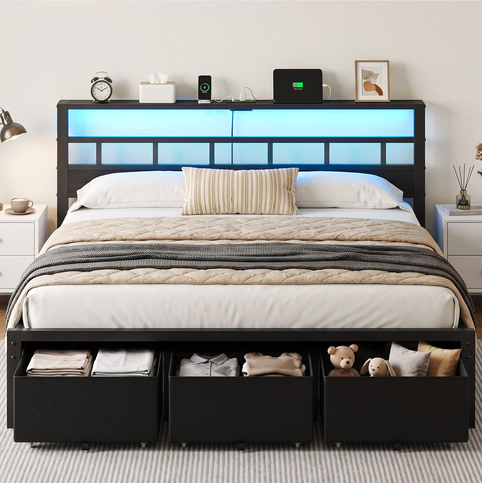 King Size Bed Frame with 3 Sto - King Size Bed Frame With Storage Drawers recension och pris