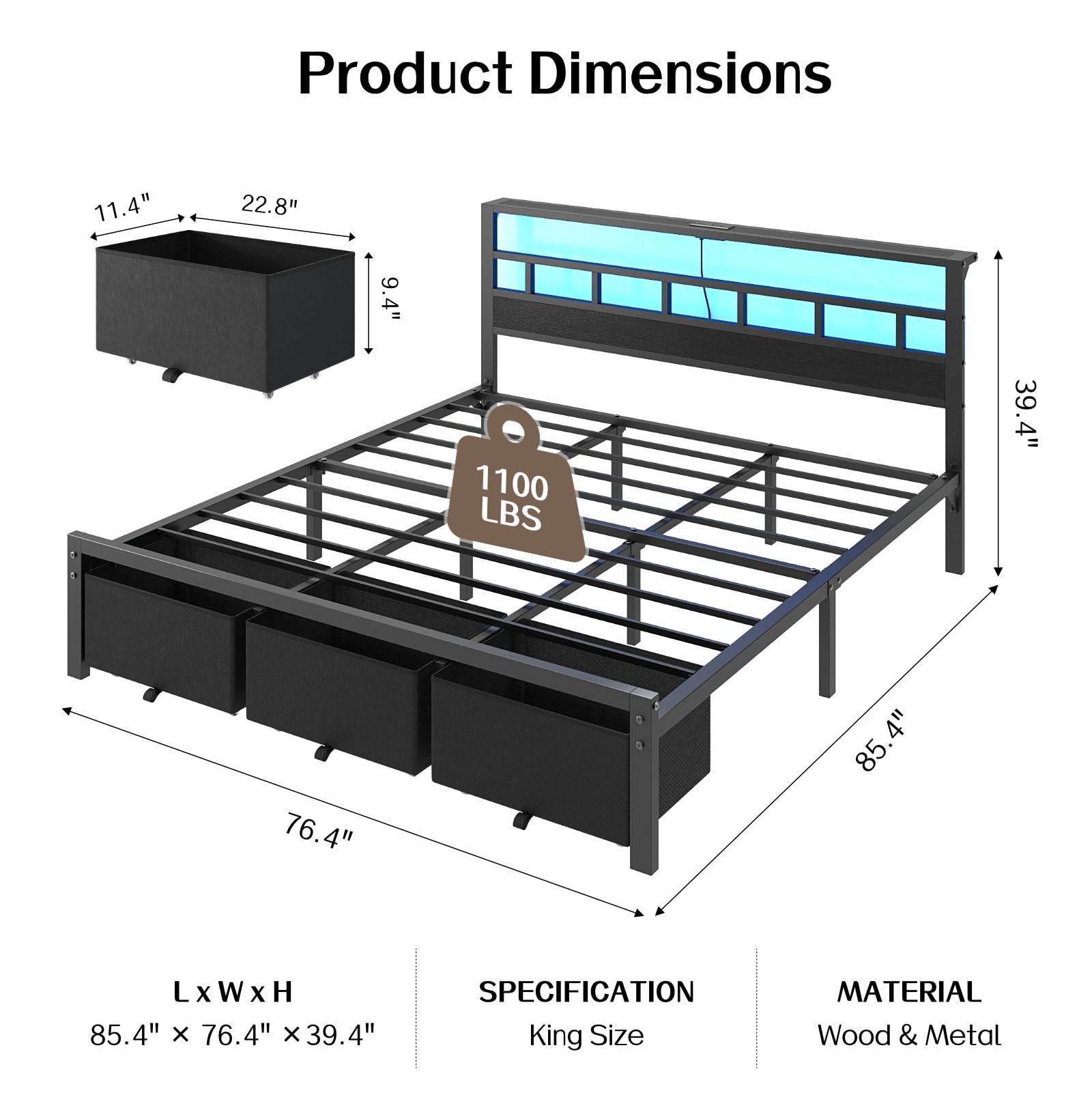 King Size Bed Frame with 3 Sto - King Size Bed Frame With Storage Drawers recension och pris